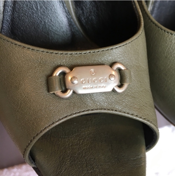 Gucci Micro'soft olive military army green leather open toe heels pumps shoes 8 - Picture 3 of 7